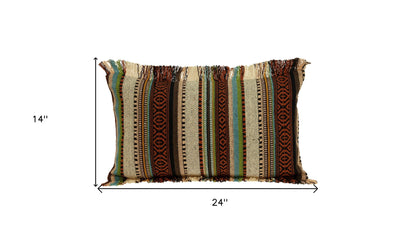 14" X 24" Brown and Beige Cotton Throw Pillow With Fringe