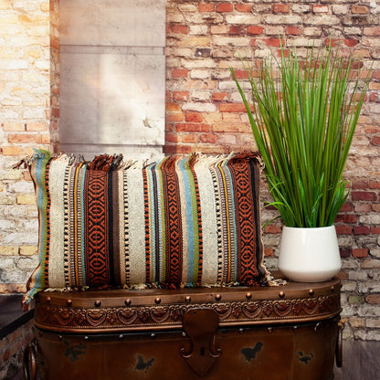 14" X 24" Brown and Beige Cotton Throw Pillow With Fringe