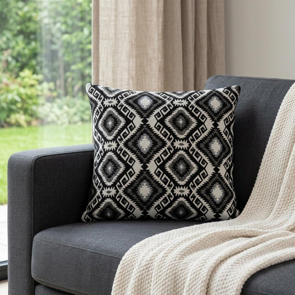 Jet Black And White Geo Throw Pillow