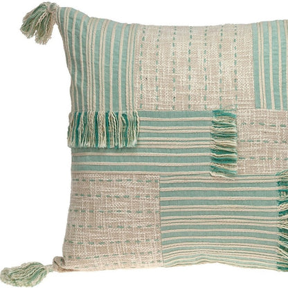 20" Beige And Mint Green Cotton Throw Pillow with Tassels And Texture