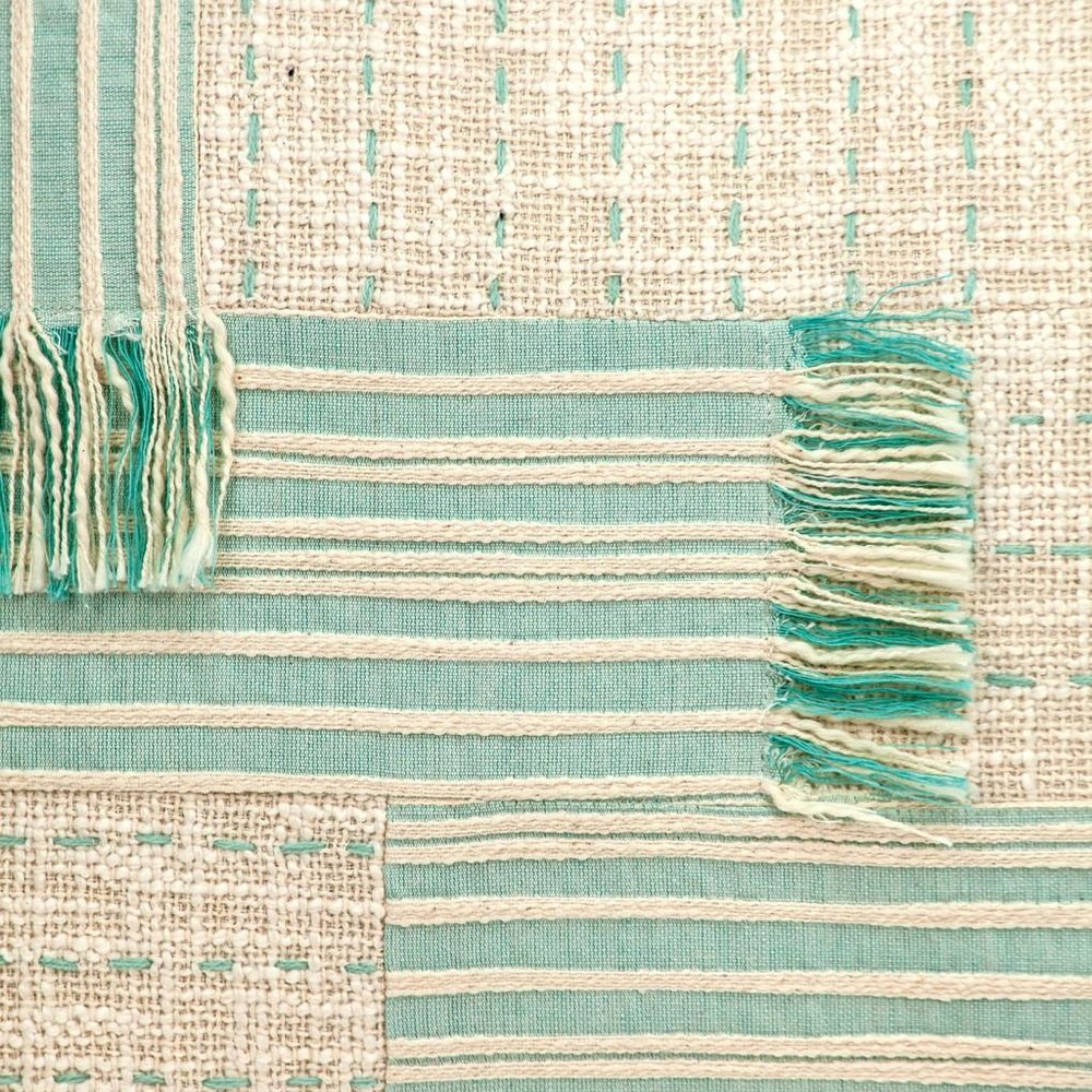 20" Beige And Mint Green Cotton Throw Pillow with Tassels And Texture