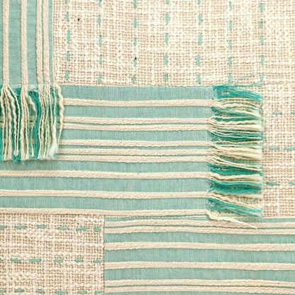 20" Beige And Mint Green Cotton Throw Pillow with Tassels And Texture