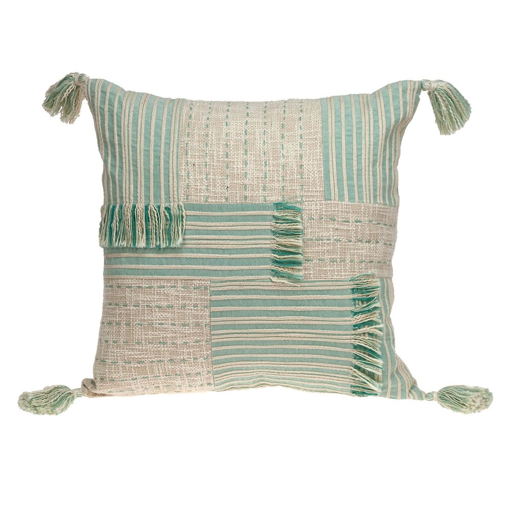 20" Beige And Mint Green Cotton Throw Pillow with Tassels And Texture