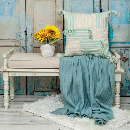20" Beige And Mint Green Cotton Throw Pillow with Tassels And Texture