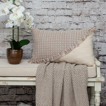 14" X 24" Beige Cotton Throw Pillow With Fringe