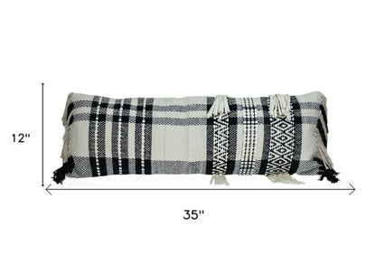 12" X 35" Black and White Plaid Cotton Lumbar Throw Pillow With Fringe