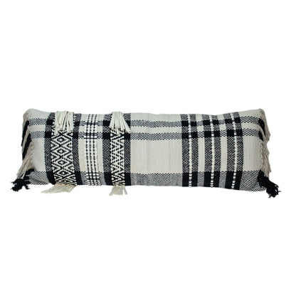 12" X 35" Black and White Plaid Cotton Lumbar Throw Pillow With Fringe