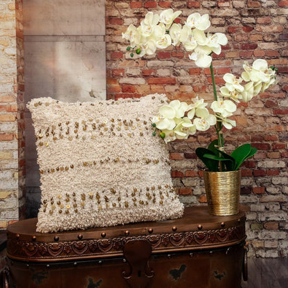 18" Beige And Gold Shaggy Cotton And Sequin Striped Throw Pillow