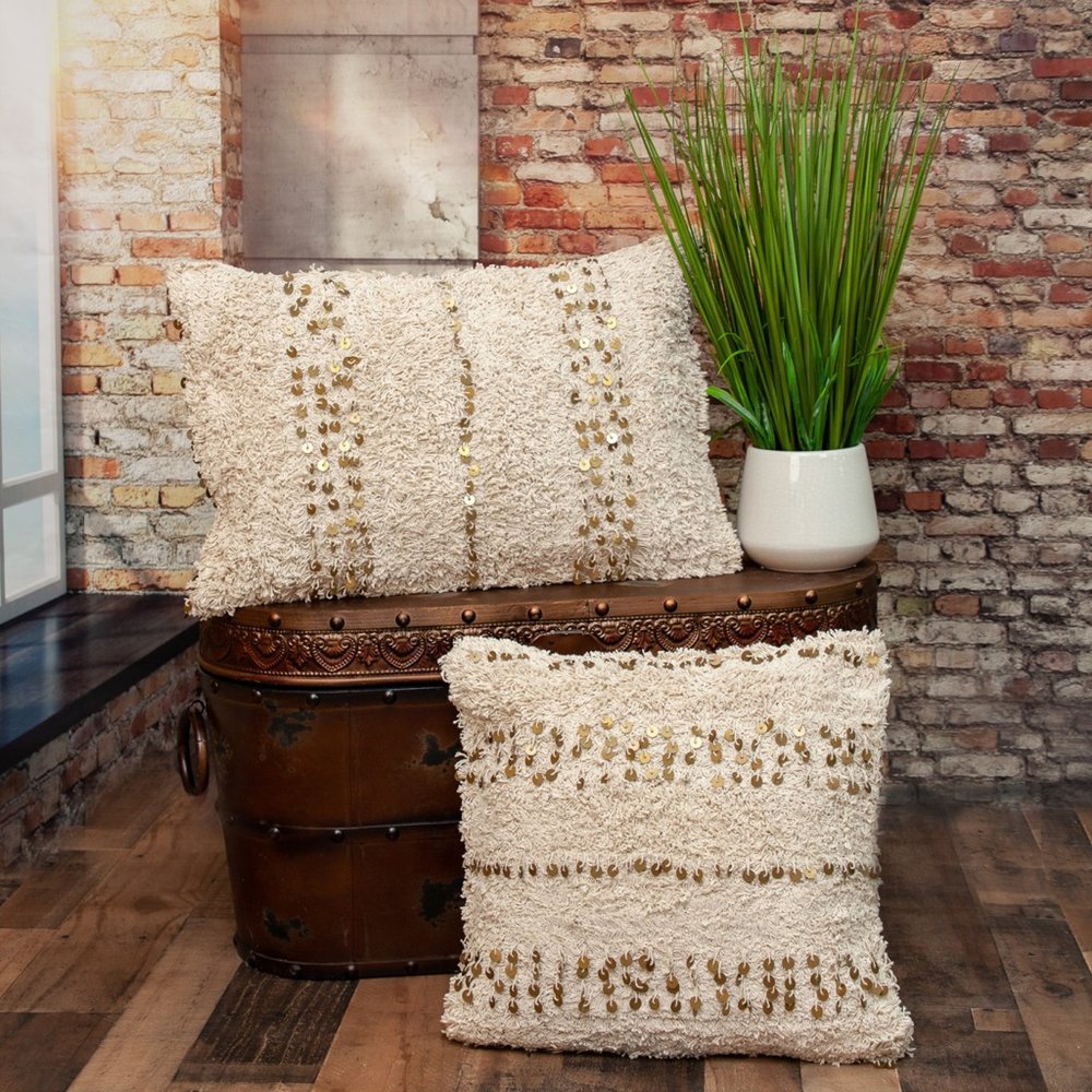 18" Beige And Gold Shaggy Cotton And Sequin Striped Throw Pillow
