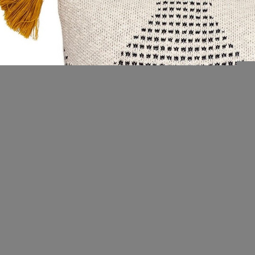 16" X 24" Beige And Black Geometric Cotton Throw Pillow with Tassels