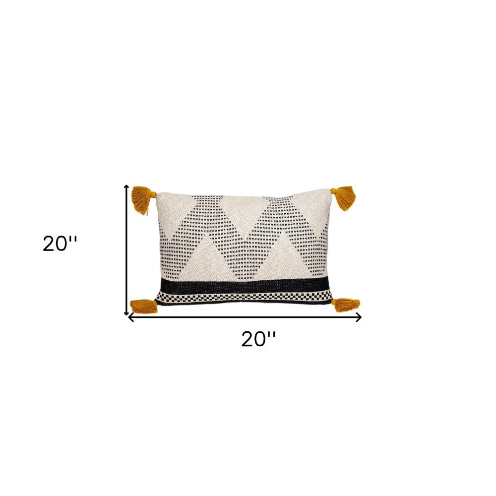 16" X 24" Beige And Black Geometric Cotton Throw Pillow with Tassels