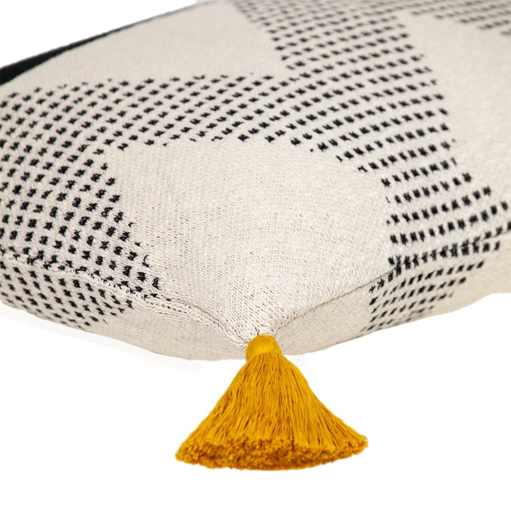 16" X 24" Beige And Black Geometric Cotton Throw Pillow with Tassels