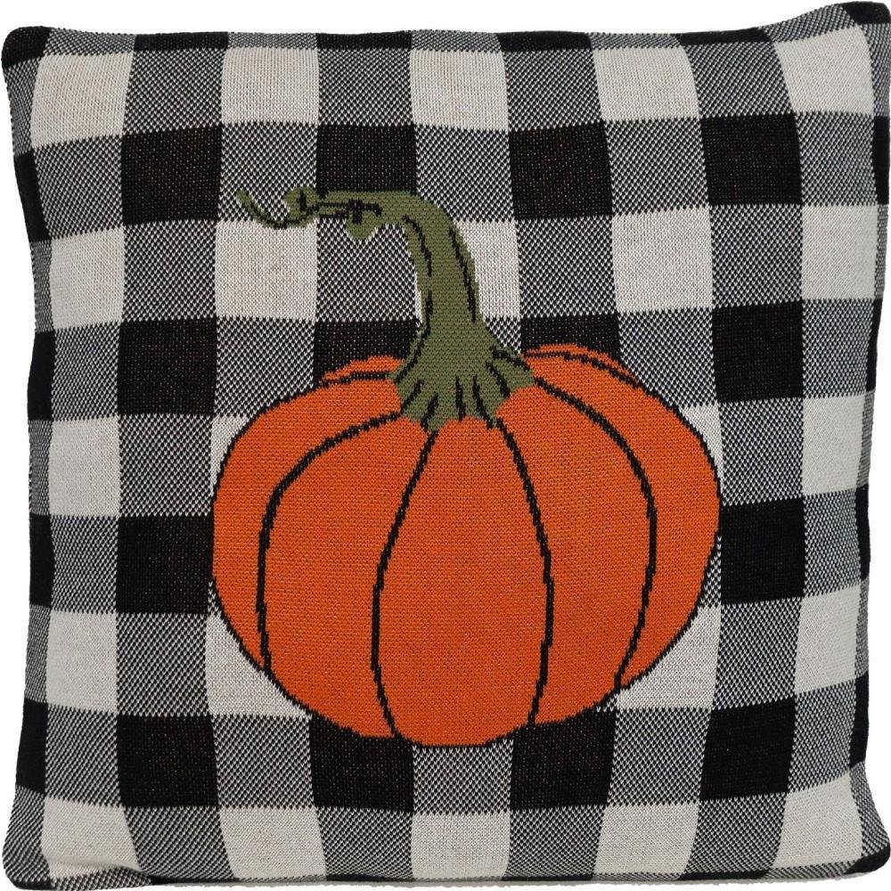 20" Black And White Pumpkin Buffalo Check Throw Pillow