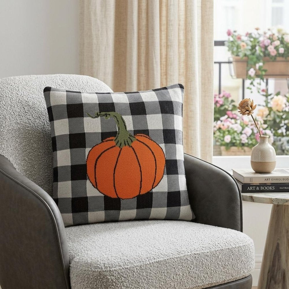 20" Black And White Pumpkin Buffalo Check Throw Pillow