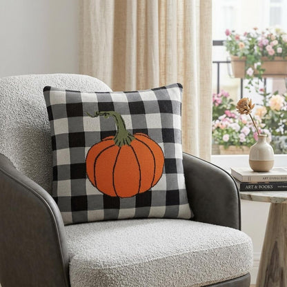 20" Black And White Pumpkin Buffalo Check Throw Pillow