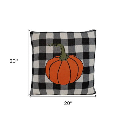 20" Black And White Pumpkin Buffalo Check Throw Pillow