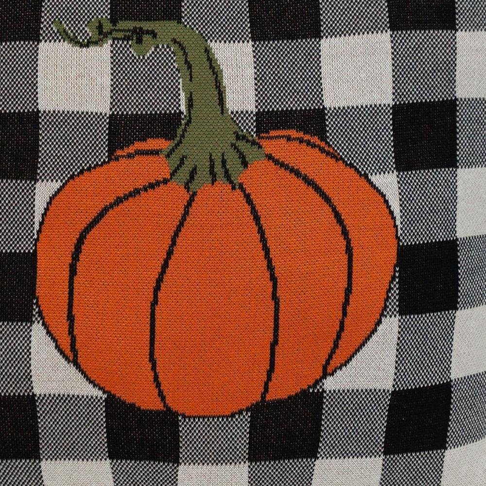 20" Black And White Pumpkin Buffalo Check Throw Pillow