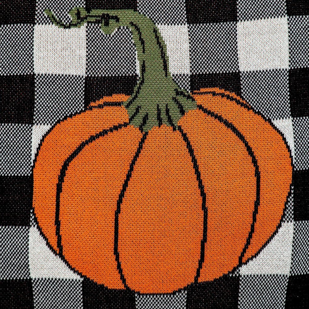 20" Black And White Pumpkin Buffalo Check Throw Pillow