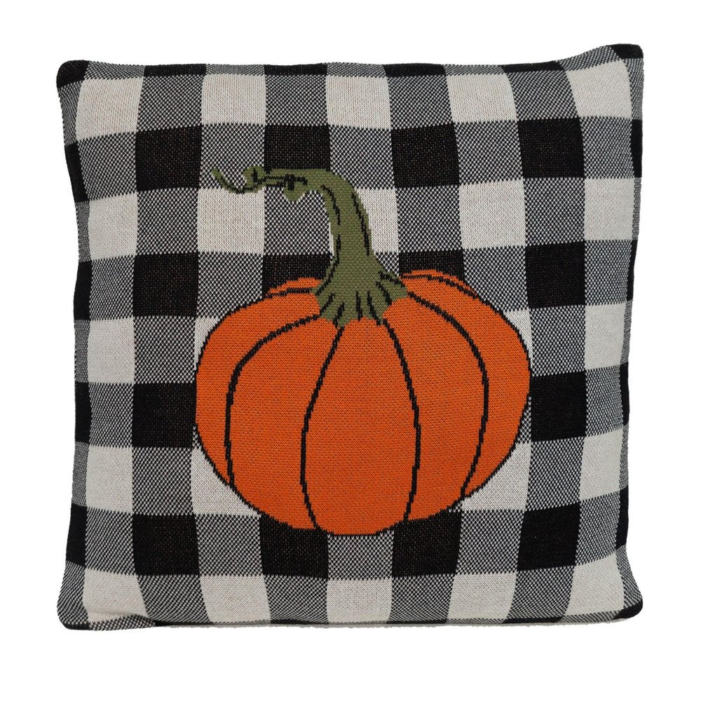 20" Black And White Pumpkin Buffalo Check Throw Pillow