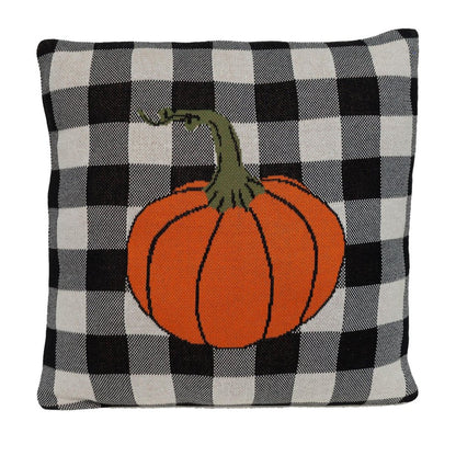 20" Black And White Pumpkin Buffalo Check Throw Pillow