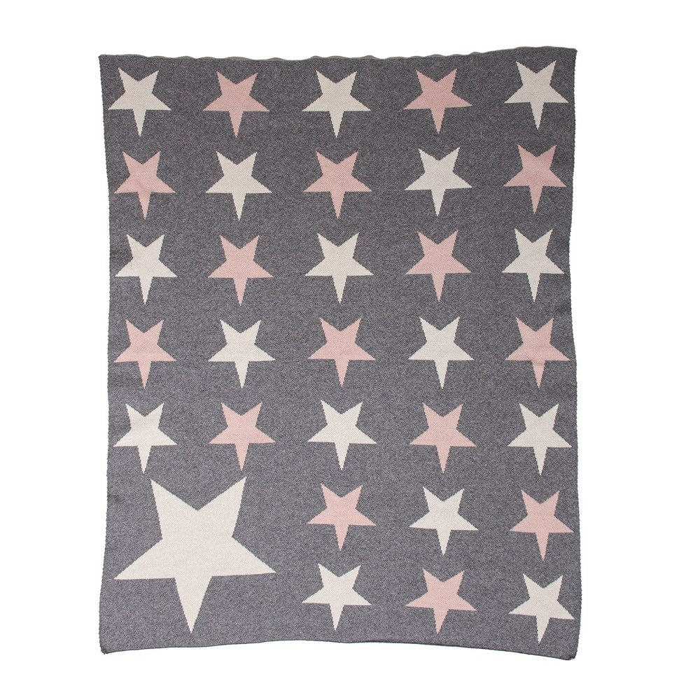 Grey Ivory And Pink Stars Knitted Baby Blanket