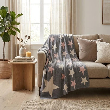 Grey Ivory And Pink Stars Knitted Baby Blanket