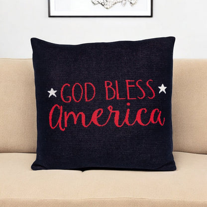 20" Navy Blue Red And White God Bless America Text Cotton Throw Pillow