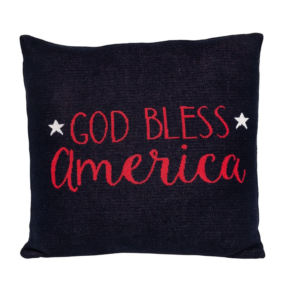20" Navy Blue Red And White God Bless America Text Cotton Throw Pillow