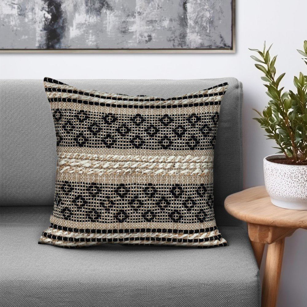 18" Natural Charcoal And Cream Geometric Cotton Blend Throw Pillow