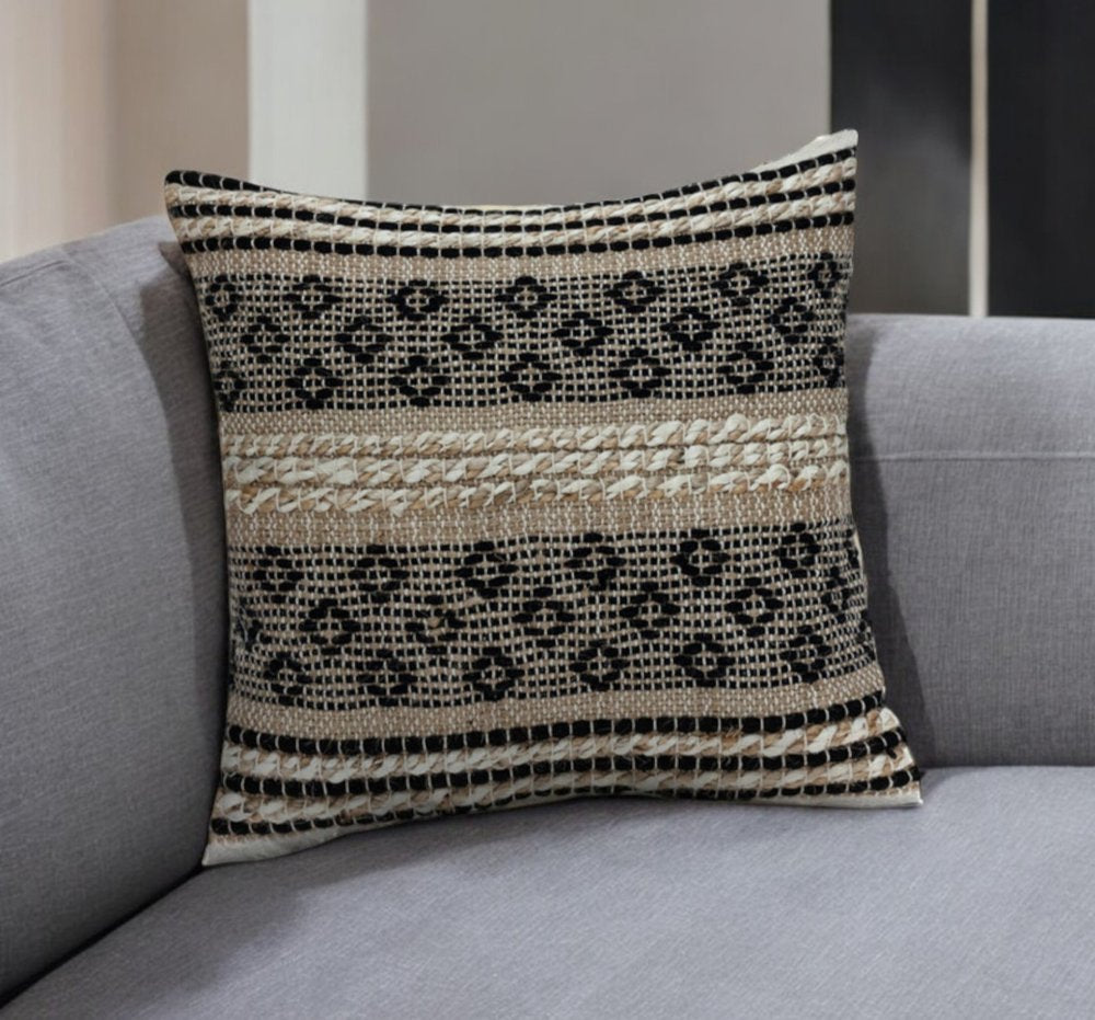 18" Natural Charcoal And Cream Geometric Cotton Blend Throw Pillow