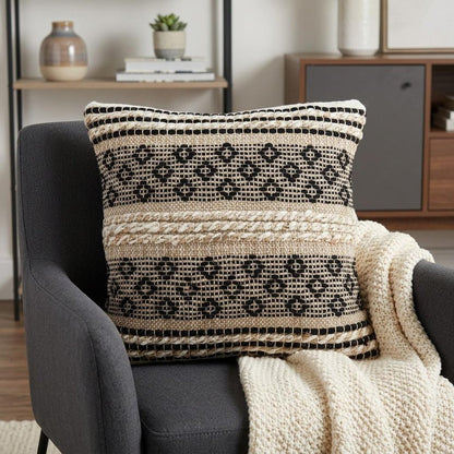 18" Natural Charcoal And Cream Geometric Cotton Blend Throw Pillow