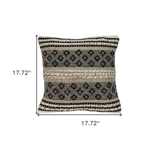 18" Natural Charcoal And Cream Geometric Cotton Blend Throw Pillow