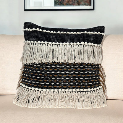 18" Black and Ivory Striped Cotton Blend Throw Pillow with Texture