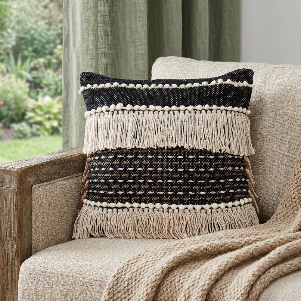 18" Black and Ivory Striped Cotton Blend Throw Pillow with Texture