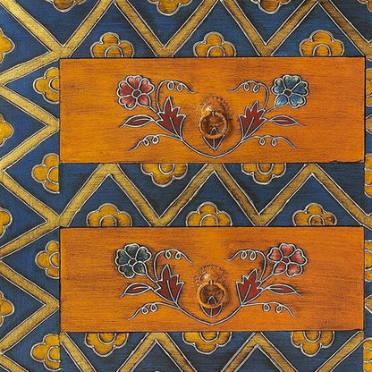 20" Blue and Brown Hand Painted Wood Accent Cabinet With Three Drawers