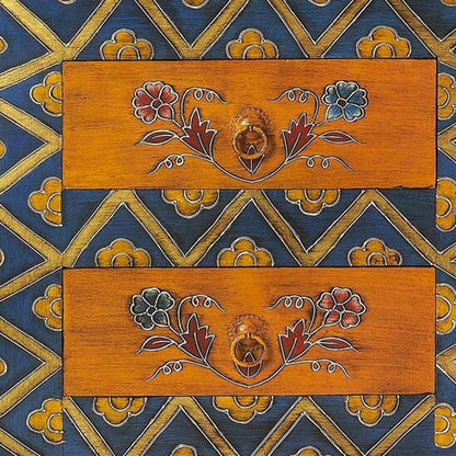 20" Blue and Brown Hand Painted Wood Accent Cabinet With Three Drawers