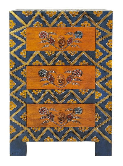 20" Blue and Brown Hand Painted Wood Accent Cabinet With Three Drawers