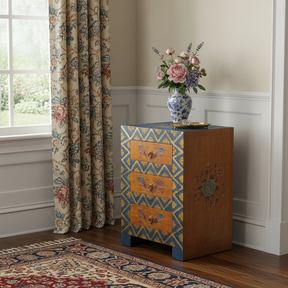 20" Blue and Brown Hand Painted Wood Accent Cabinet With Three Drawers