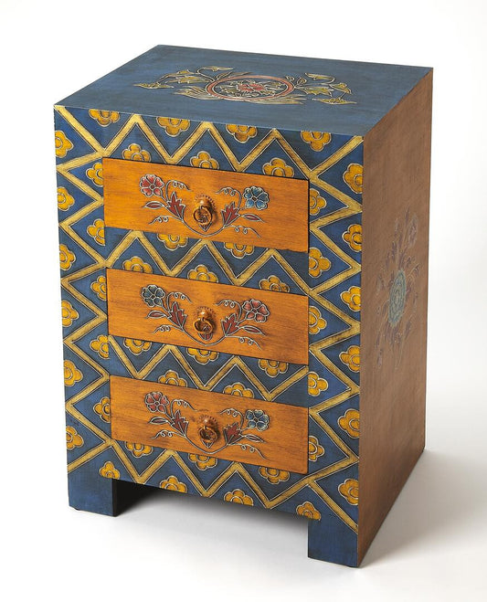20" Blue and Brown Hand Painted Wood Accent Cabinet With Three Drawers