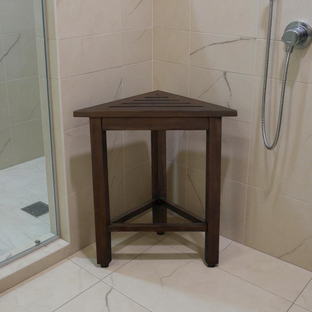 17" Dark Brown Teak Corner Shower Bench