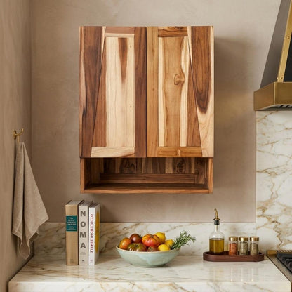 24" Shades Of Brown Solid Teak Wood Wall Mounted Accent Cabinet