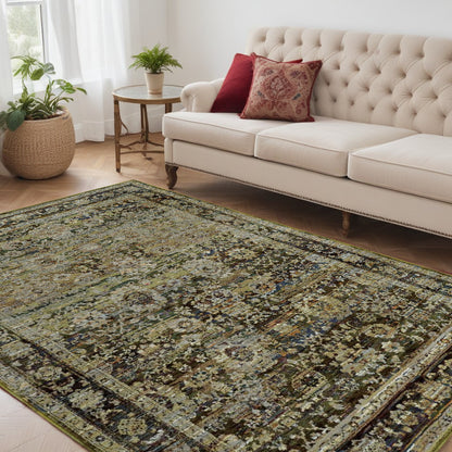 5' X 8' Green And Brown Floral Area Rug