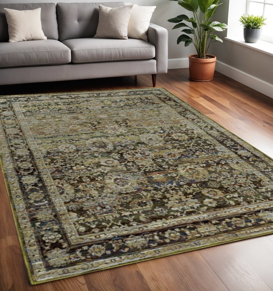 9' X 12' Green And Brown Floral Area Rug