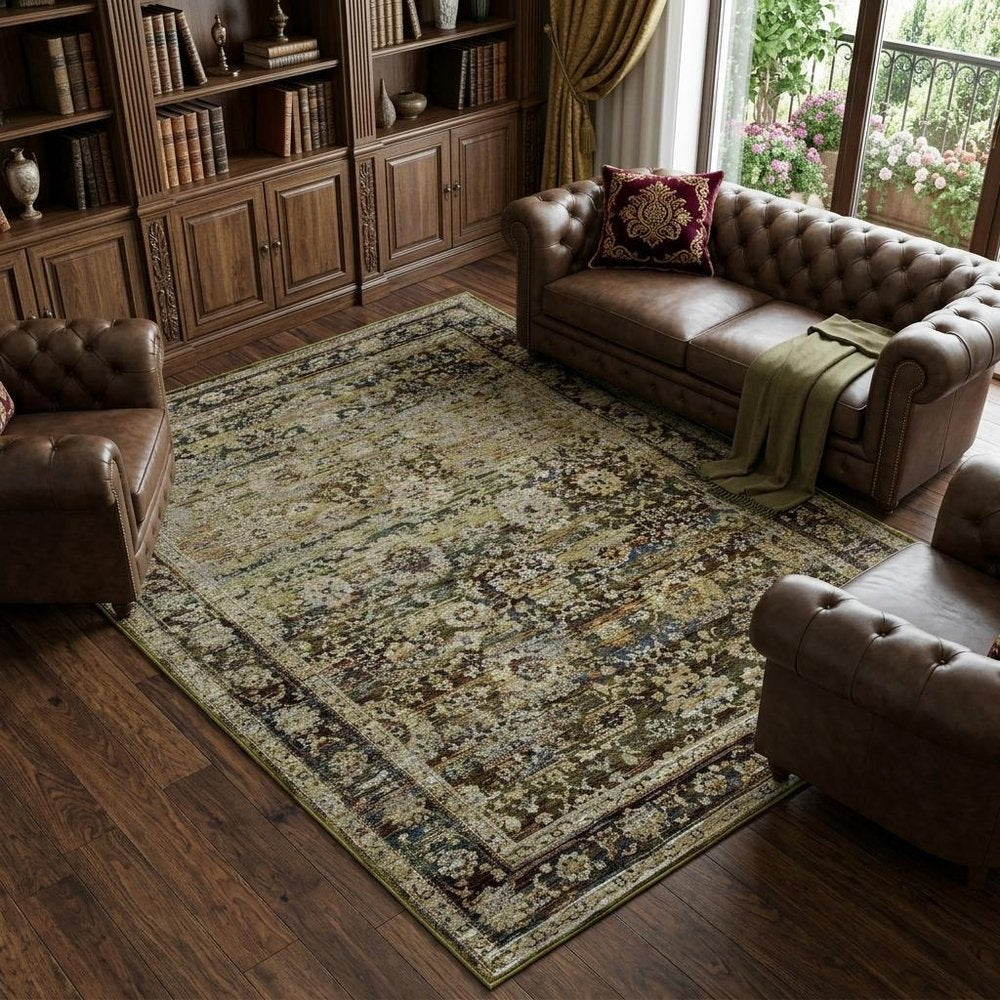 5' X 8' Green And Brown Floral Area Rug