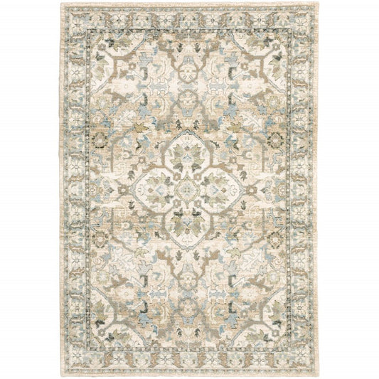 3' X 12' Beige And Ivory Medallion Runner Rug