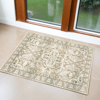 3' X 12' Beige And Ivory Medallion Runner Rug