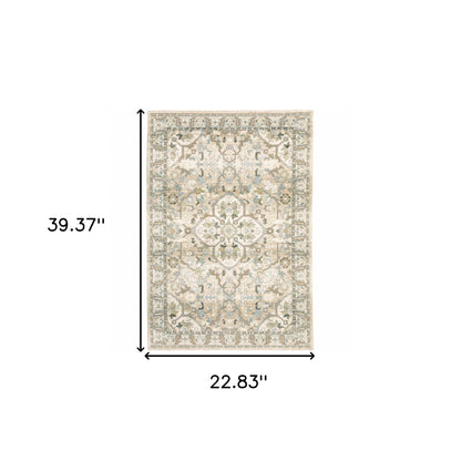 3' X 12' Beige And Ivory Medallion Runner Rug