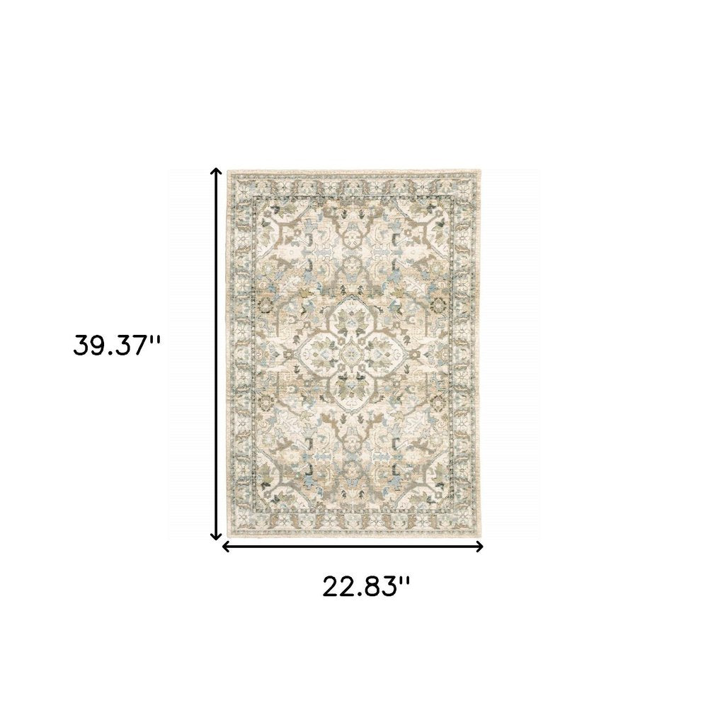 2' X 3' Beige and Ivory Power Loom Area Rug