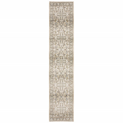 3' X 12' Beige And Ivory Medallion Runner Rug
