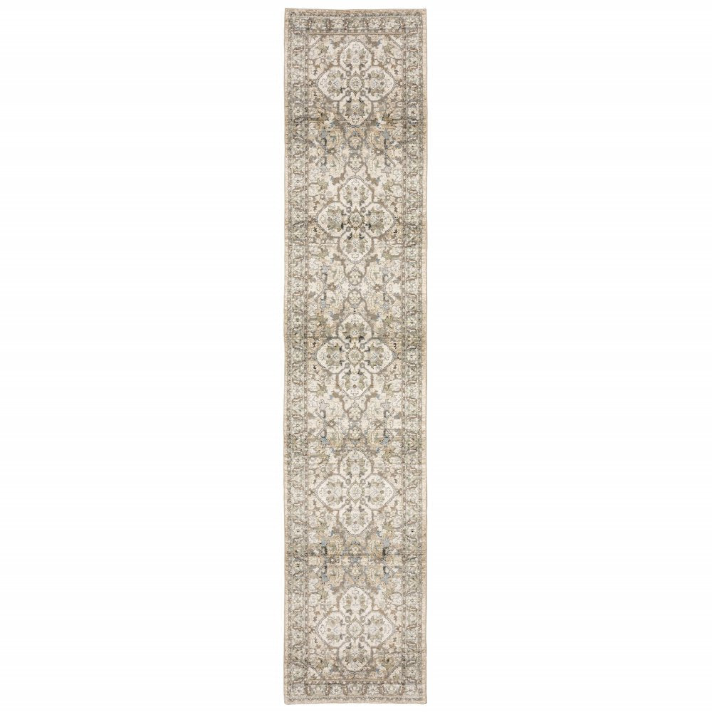 3' X 12' Beige And Ivory Medallion Runner Rug